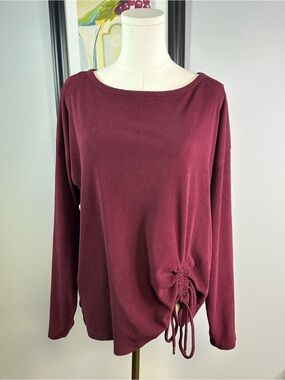 Michael Kors Women’s L Round Neck Maroon Ribbed Top Side Drawstring